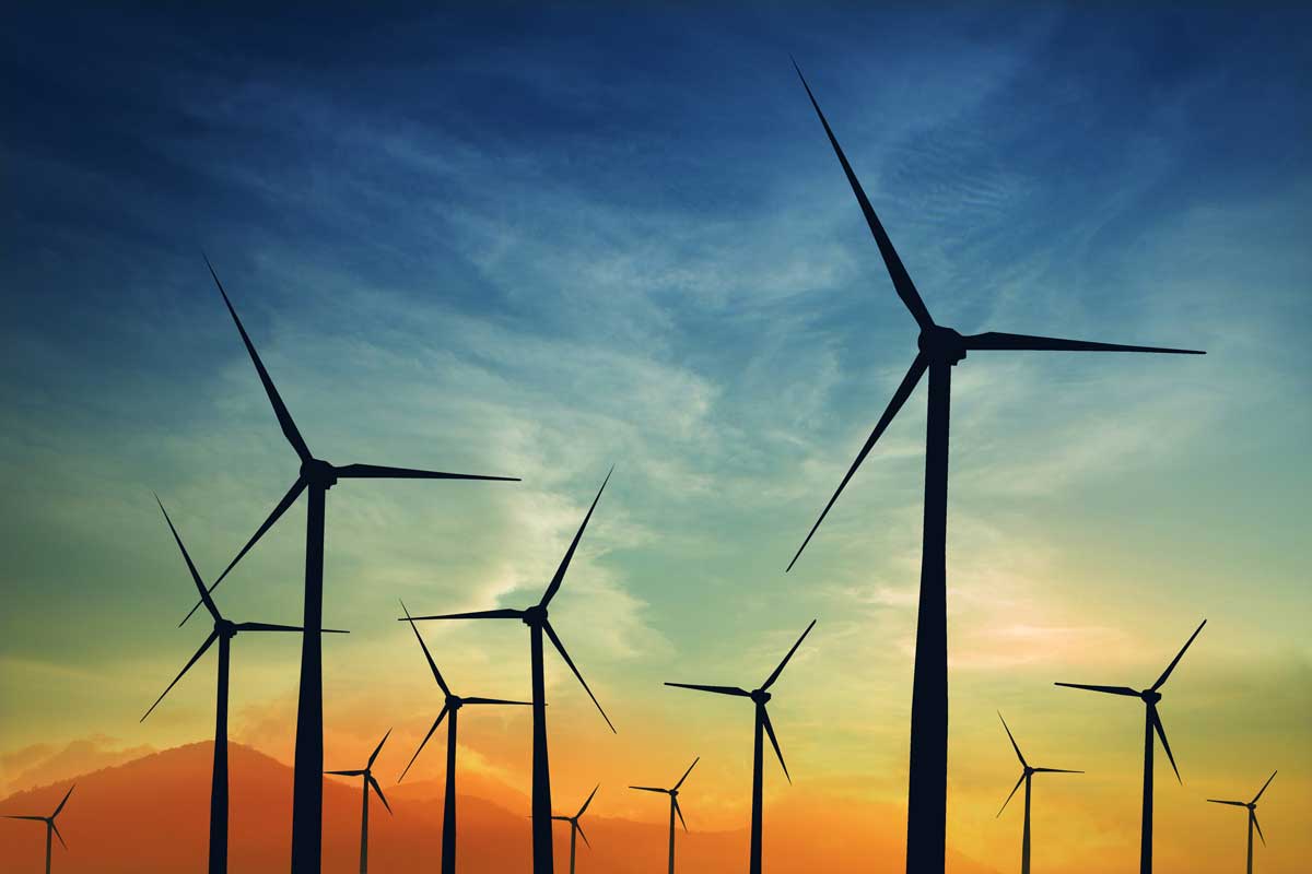 Turbine silhouettes at sunset.