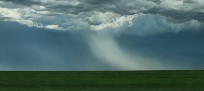 Heavy rain falls from storm clouds over fields.