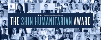 Graphic with collage of faces, U of I System logo and Shin Humanitarian Award