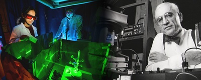 Image that shows historical research photo next to high-tech research today