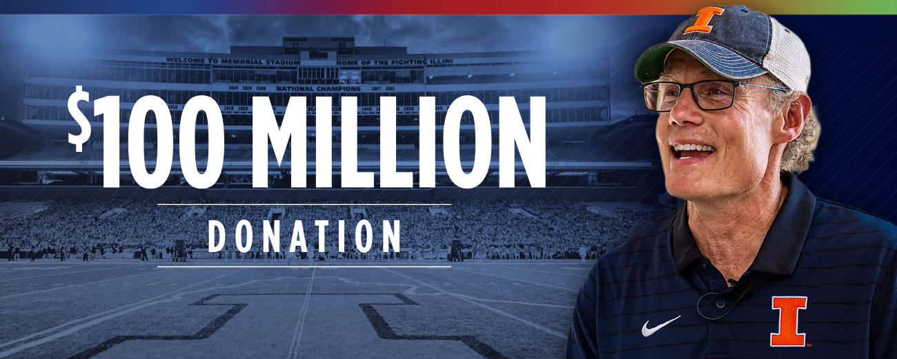 $100 Million donation, with a headshot of Larry Gies