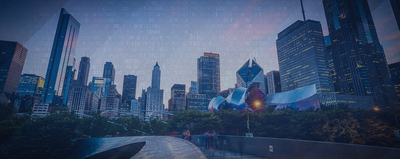 a stylized panaroma of Chicago's skyline with a 0s-and-1s digital overlay
