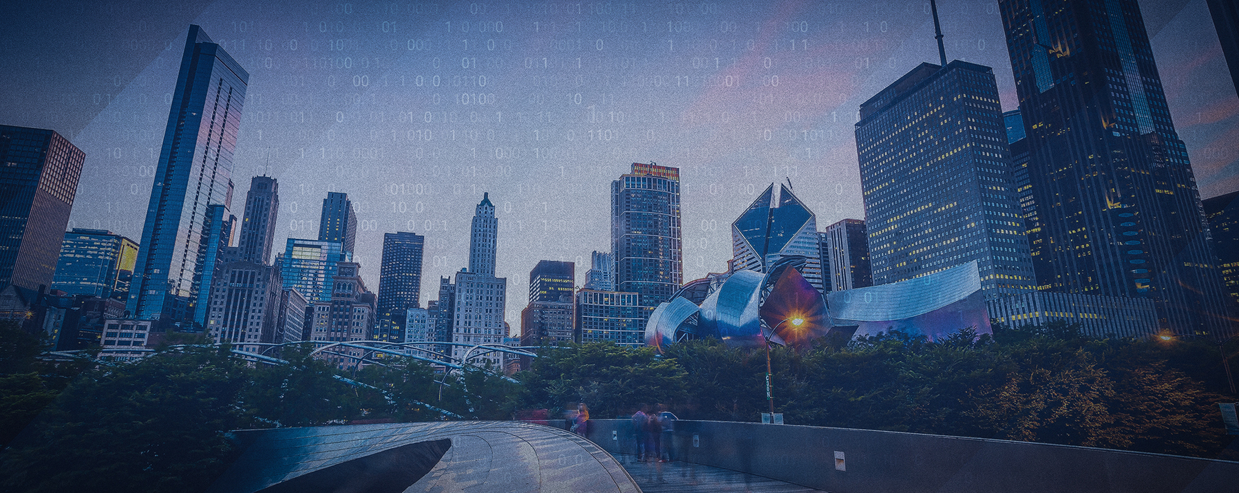 a stylized panaroma of Chicago's skyline with a 0s-and-1s digital overlay