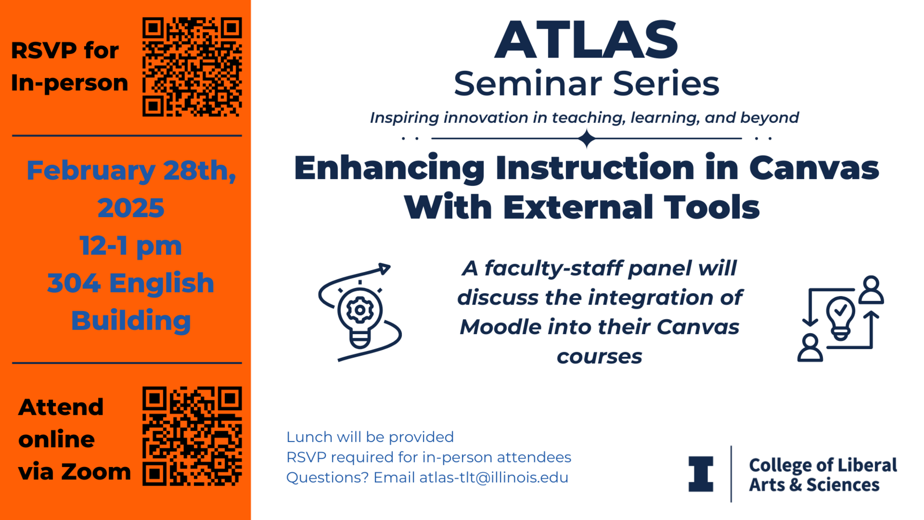 ATLAS Seminar Series: Enhancing Instruction in Canvas With External Tools.   A faculty-staff panel will discuss the integration of Moodle into their Canvas courses.   February 28th, 2025 12-1 pm 304 English Building and online.