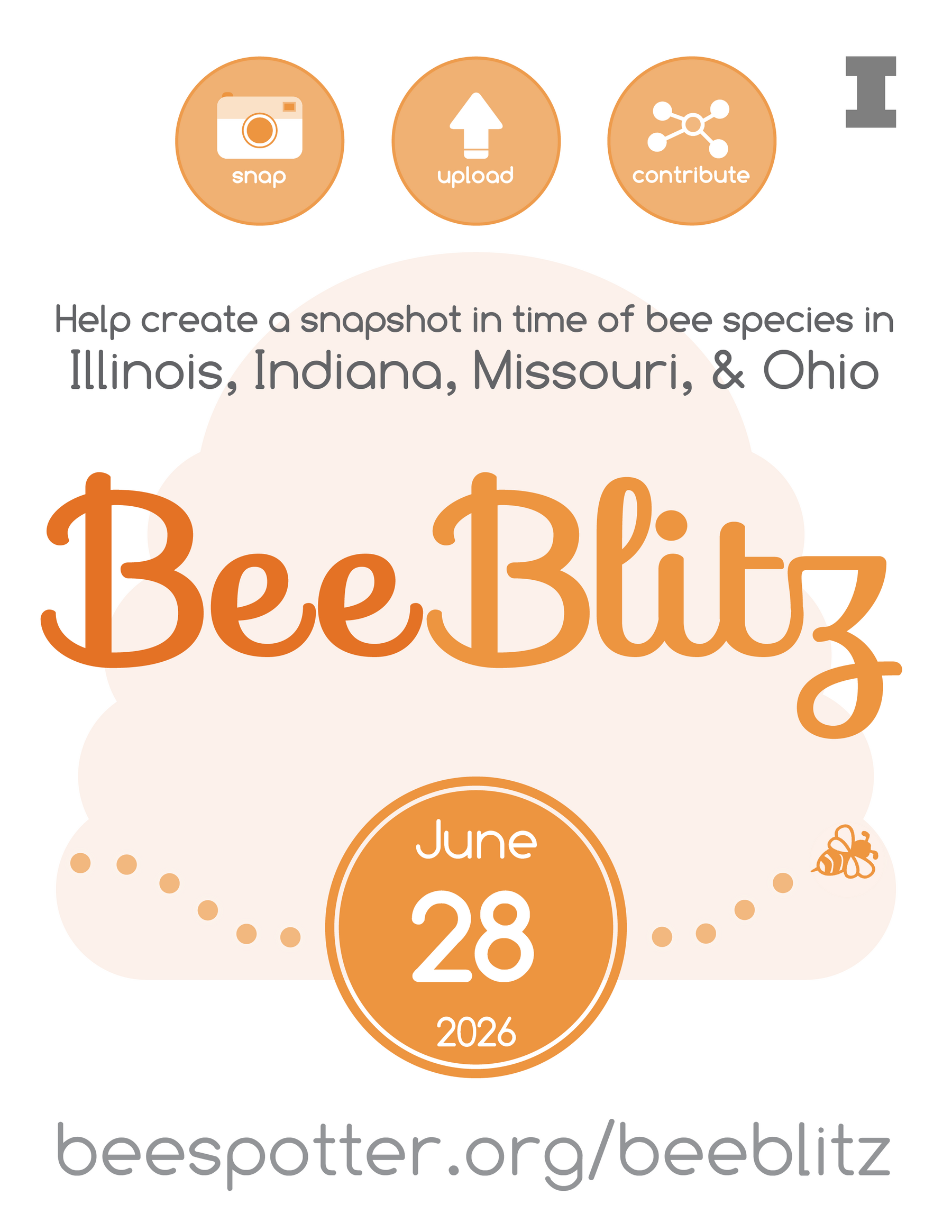 BeeBlitz flier: on June 28, 2026, help create a snapshot in time of bee species in Illinois, Indiana, Missouri, and Ohio