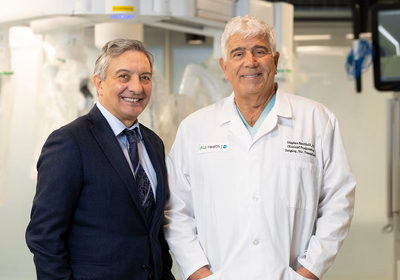 Dr. Enrico Benedetti and Dr. Stephen Bartlett in the Surgical Innovation Training Lab. (Photo: Jenny Fontaine/UIC)
