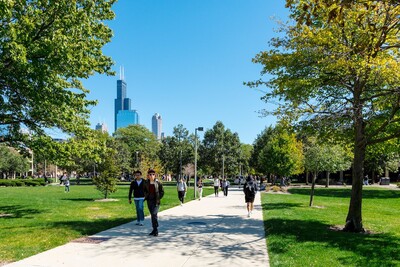 greenery surrounding a walkway on the University of Illinois Chicago campus