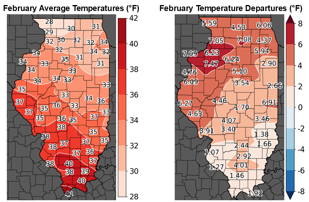 Figure 2. Maps of (left) February Average Temperature and (right) Temperature Departures from the 1991-2020 Normal