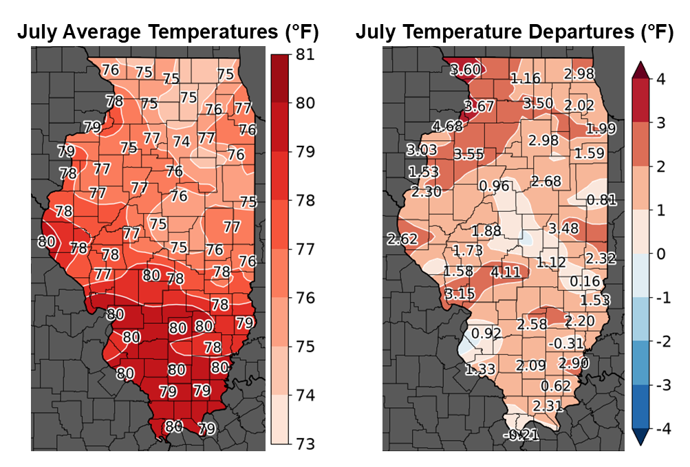 Figure 2. Maps of (left) July Average Temperature and (right) Temperature Departures from the 1991-2020 Normal