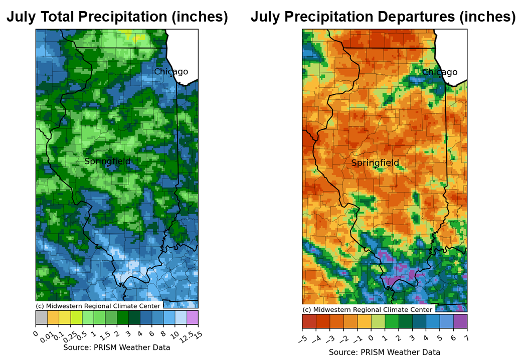 Figure 3. Maps of (left) July Total Precipitation and (right) Precipitation Departures from the 1991-2020 Normal.