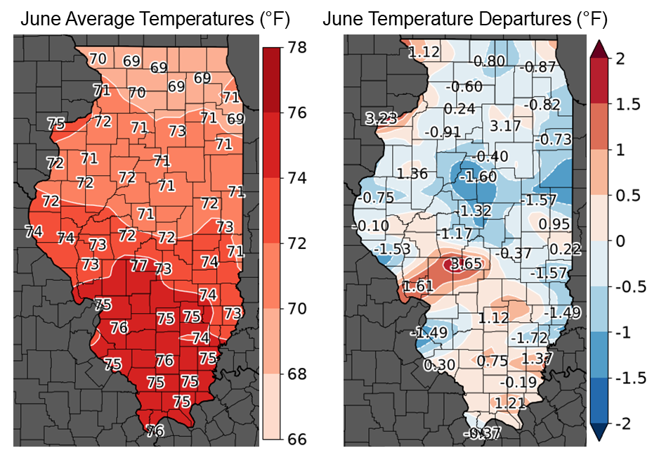 Figure 2. Maps of (left) June Average Temperature and (right) Temperature Departures from the 1991-2020 Normal