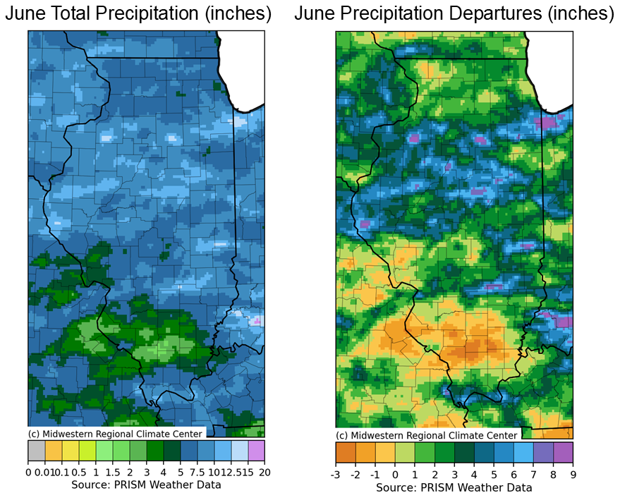 Figure 3. Maps of (left) June Total Precipitation and (right) Precipitation Departures from the 1991-2020 Normal.