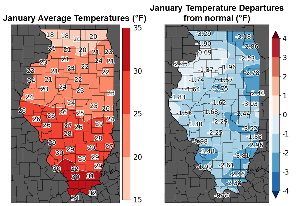 Figure 2. Maps of (left) January Average Temperature and (right) Temperature Departures from the 1991-2020 Normal