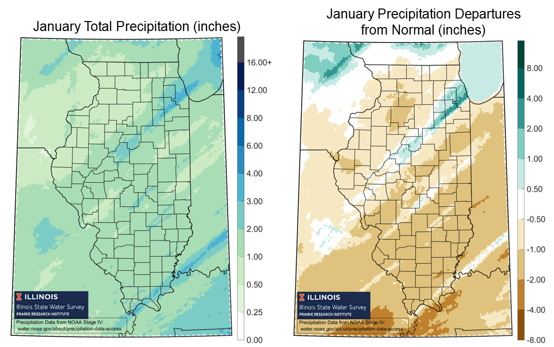 Figure 3. Maps of (left) January Total Precipitation and (right) Precipitation Departures from the 1991-2020 Normal