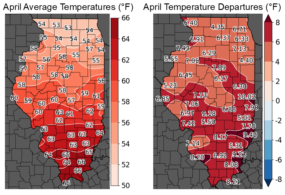 Figure 1. Maps of (left) April Average Temperature and (right) Temperature Departures from the 1991-2020 Normal