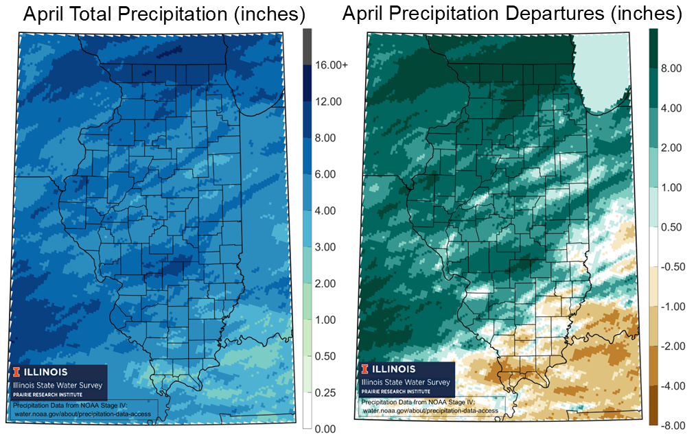 Figure 2. Maps of (left) April Total Precipitation and (right) Precipitation Departures from the 1991-2020 Normal