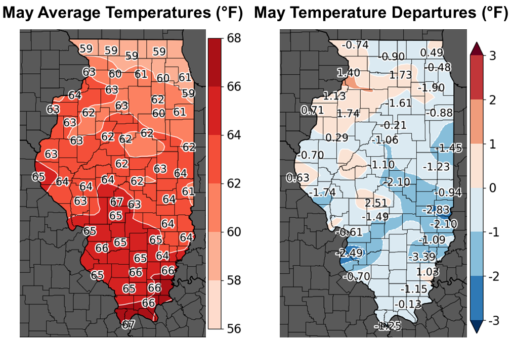 Figure 2. Maps of (left) May Average Temperature and (right) Temperature Departures from the 1991-2020 Normal