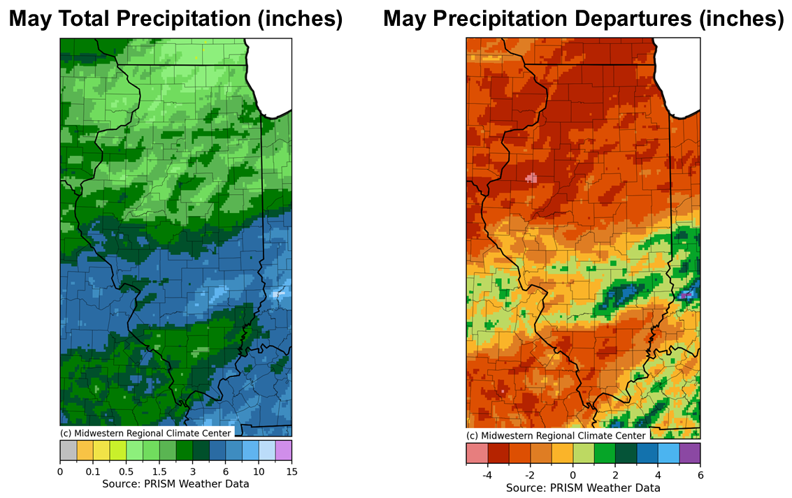 Figure 3. Maps of (left) May Total Precipitation and (right) Precipitation Departures from the 1991-2020 Normal