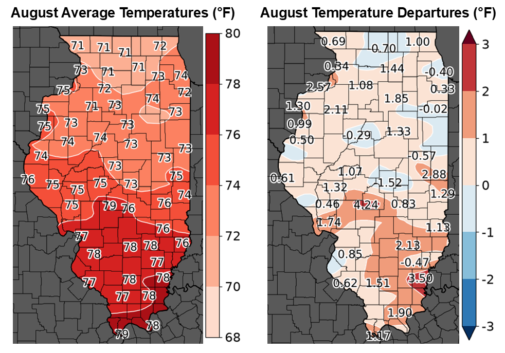 Figure 2. Maps of (left) August Average Temperature and (right) Temperature Departures from the 1991-2020 Normal