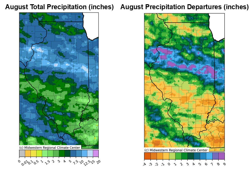 Figure 3. Maps of (left) August Total Precipitation and (right) Precipitation Departures from the 1991-2020 Normal
