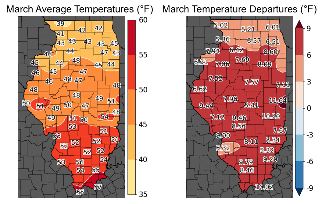 Figure 2. Maps of (left) March Average Temperature and (right) Temperature Departures from the 1991-2020 Normal