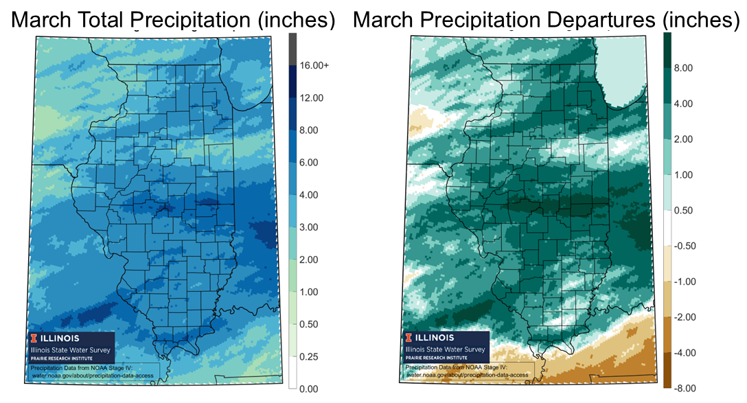 Figure 3. Maps show (left) March total precipitation and (right) precipitation departure from normal