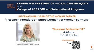 Ruth Meinzen-Dick will help us celebrate International Year of the Woman Farmer with a talk titled "Research Frontiers on Empowerment of Women Farmers". This event will take place September 10 from 4:00-5:30pm in 210 Illini Union.