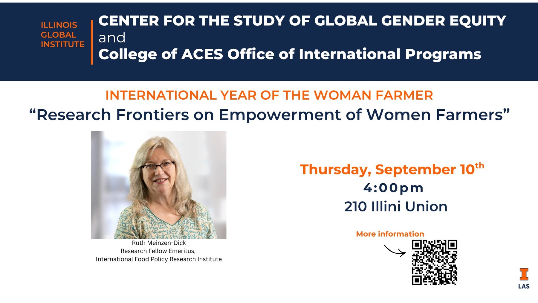 Ruth Meinzen-Dick will help us celebrate International Year of the Woman Farmer with a talk titled "Research Frontiers on Empowerment of Women Farmers". This event will take place September 10 from 4:00-5:30pm in 210 Illini Union.