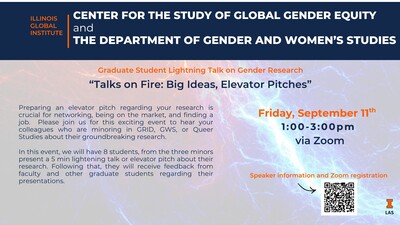 Graduate Student Lightning Talk on Gender Research, taking place September 11 from 1:00-3:00pm. Preparing an elevator pitch regarding your research is crucial for networking, being on the market, and finding your job. Please join us for this exciting event to hear your colleagues who are minoring in GRID, GWS, or Queer Studies about their groundbreaking research.