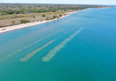 An aerial view of fully installed submerged rubble ridges in Lake Michigan