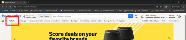 Screenshot of Amazon Business Homescreen with the Rufus icon highlighted in the upper left corner.