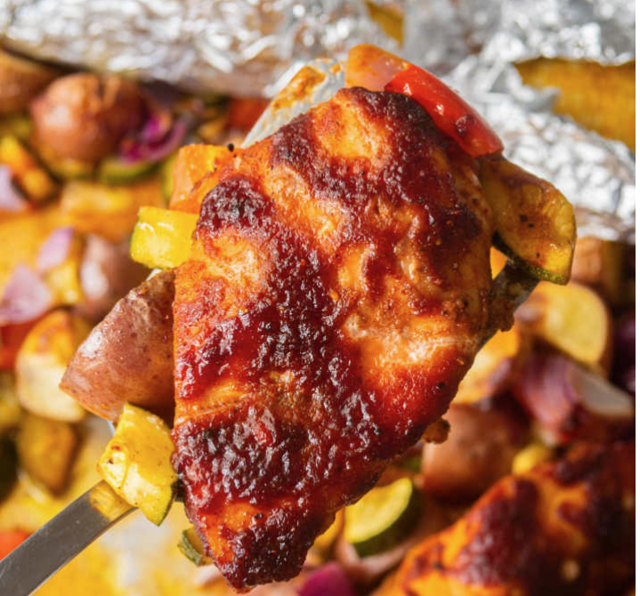 A bite of BBQ chicken