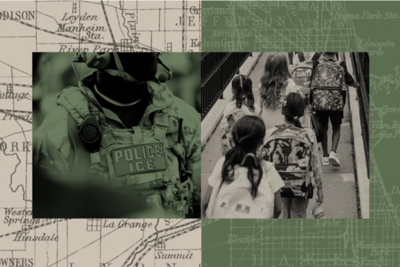 Federal ICE official on the left and schoolchildren walking on the right