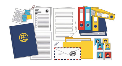 Illustration showing a passport and numerous other official immigration documents