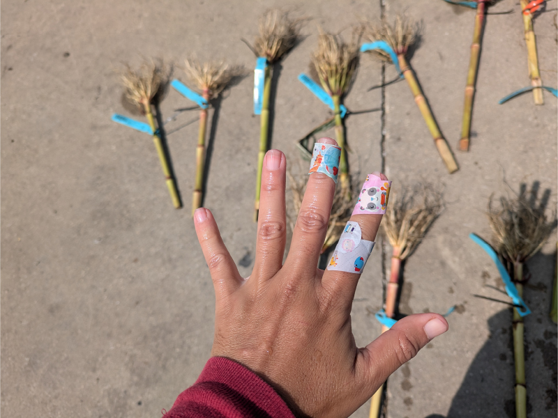 Grad School Hurts. A close-up of a researcher's hand with several fingers covered in colorful bandages.