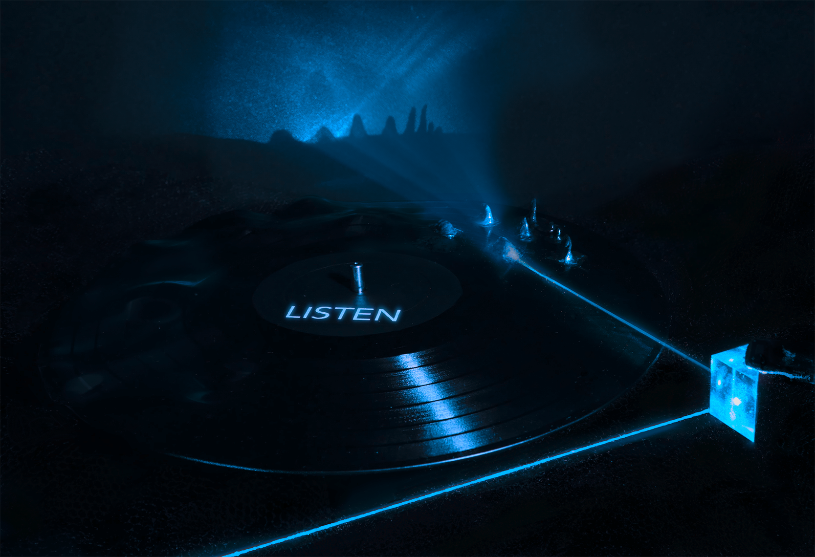 LISTEN. Dark scene with a vinyl record labeled LISTEN. A blue laser beam skims its rippled surface and casts a wave-like shadow.