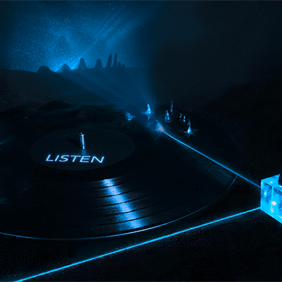 LISTEN. Dark scene with a vinyl record labeled LISTEN. A blue laser beam skims its rippled surface and casts a wave-like shadow.